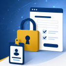 Graphic of yellow padlock, ID card, and checklist webpage on blue network background